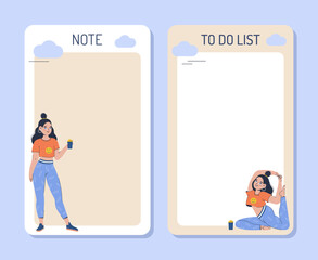 A collection of weekly or daily planner, note paper, to-do list, sticker templates decorated with cute illustrations of a sporty girl. Fashionable sports planner or organizer. Flat vector illustration