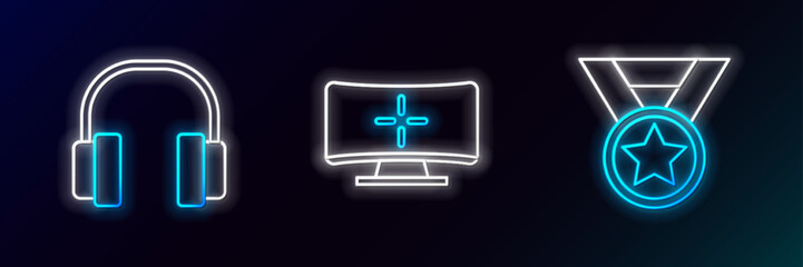 Set line Medal, Headphones and Computer monitor icon. Glowing neon. Vector