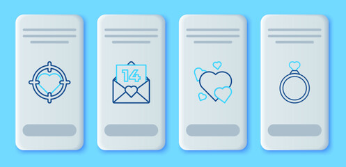 Set line Envelope with Valentine heart, Heart, the center of darts target aim and Wedding rings icon. Vector