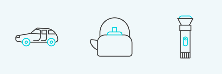 Obraz premium Set line Flashlight, Car and Kettle with handle icon. Vector