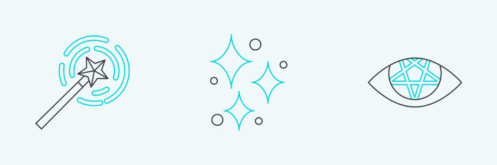 Set line Pentagram, Magic wand and Sparkle stars with magical glitter icon. Vector