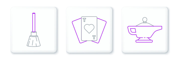 Set line Magic lamp or Aladdin, Witches broom and Playing cards icon. Vector