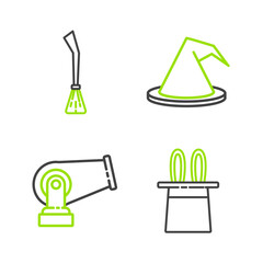 Set line Magician hat and rabbit ears, Cannon, Witch and Witches broom icon. Vector