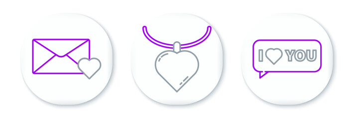 Set line Speech bubble with I love you, Envelope 8 March and Necklace heart shaped pendant icon. Vector