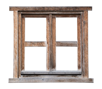 weathered vintage wooden brown window frame isolated on white