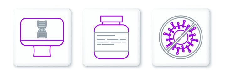 Set line Stop virus, DNA spiral and computer and Medicine bottle pills icon. Vector
