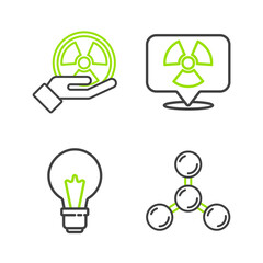 Set line Molecule, Light bulb with concept of idea, Radioactive in location and icon. Vector