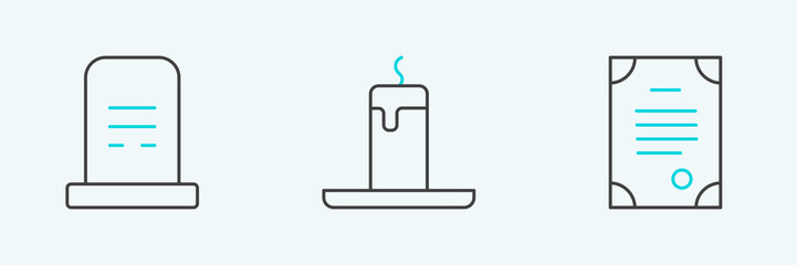 Set line Death certificate, Grave with tombstone and Burning candle icon. Vector
