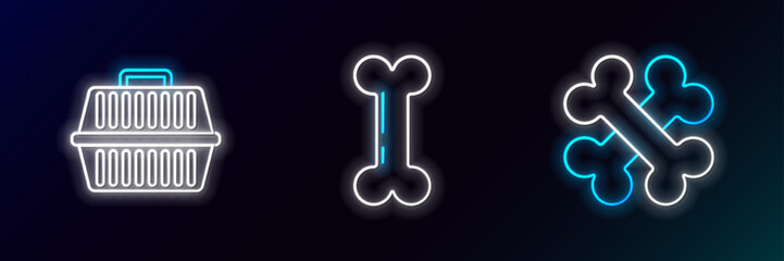 Set line Crossed bones, Pet carry case and Dog icon. Glowing neon. Vector
