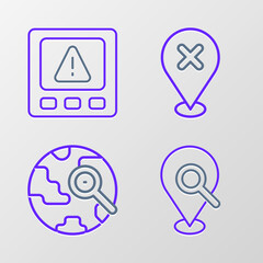 Set line Search location, Magnifying glass with globe, Location cross mark and Gps device error icon. Vector