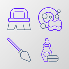 Set line Dishwashing liquid bottle, Handle broom, Washing dishes and Brush for cleaning icon. Vector
