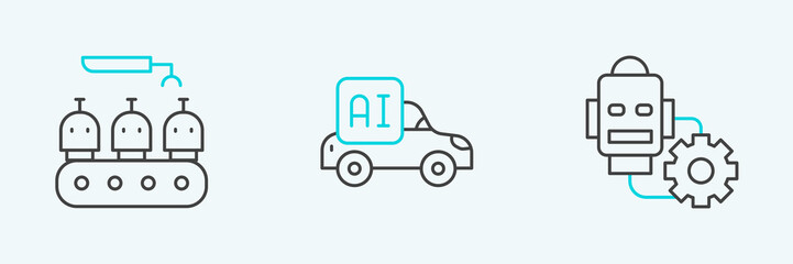 Fototapeta premium Set line Robot setting, Industrial production of robots and Autonomous smart car icon. Vector