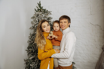 Mom, dad and son on the background of the Christmas tree at home