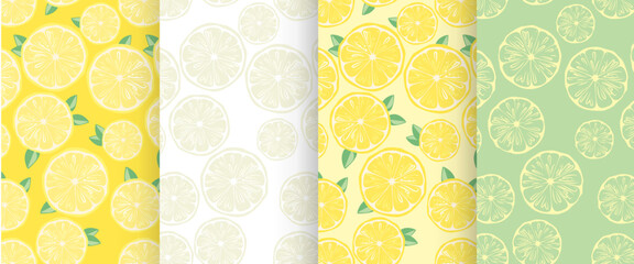 Set of backgrounds with slices of lemons. Vector seamless patterns with citrus fruits.
