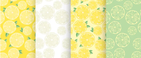 Foto op Plexiglas Set of backgrounds with slices of lemons. Vector seamless patterns with citrus fruits. © Sunnydream
