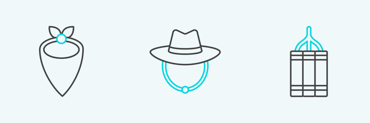 Set line Dynamite bomb, Cowboy bandana and Western cowboy hat icon. Vector