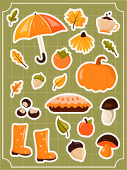 Colorful cute and cozy autumn set on a green checkered background. Leaves, umbrella, coffee, persimmon, rudbeckia, pumpkin, chestnuts, apple pie, mushrooms, apple, acorn, rubber boots.