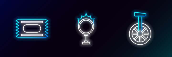 Set line Unicycle or one wheel bicycle, Circus ticket and fire hoop icon. Glowing neon. Vector © Oksana
