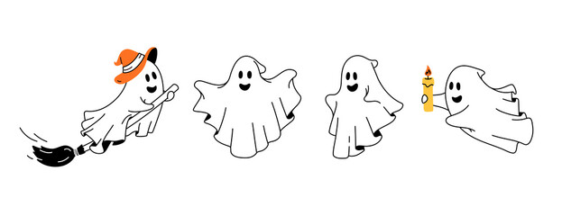 Set of cute funny happy ghosts. Baby creepy boo characters for kids. Magic scary spirits with different emotions and facial expressions. Trendy vector illustration of comic phantoms for Halloween