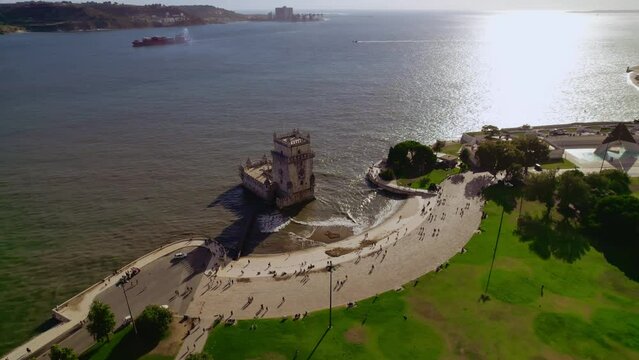 Belem Tower "Torre de Bel&eacute;m". Fortress monument in Lisbon on the Tagus River. Cinematic 4K
