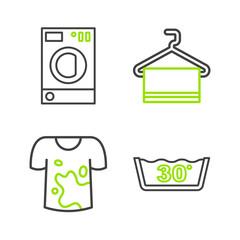 Set line Temperature wash, Dirty t-shirt, Towel on hanger and Washer icon. Vector