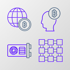Set line Blockchain technology, Mining farm, Bitcoin think and Globe and cryptocurrency icon. Vector