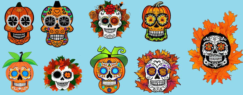 Autumn Themed Dia De Los Muertos - Day of the Dead Skulls - Collection of Nine