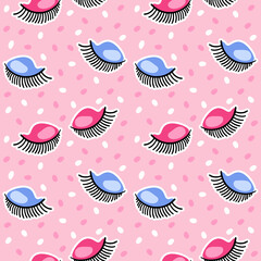 Lashes, female beauty, vector seamless pattern in the style of doodles, hand drawn