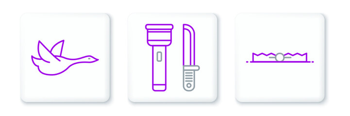 Set line Trap hunting, Flying duck and Flashlight and knife icon. Vector