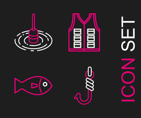 Set line Fishing hook, jacket and float water icon. Vector