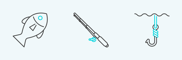 Set line Fishing hook under water, and rod icon. Vector