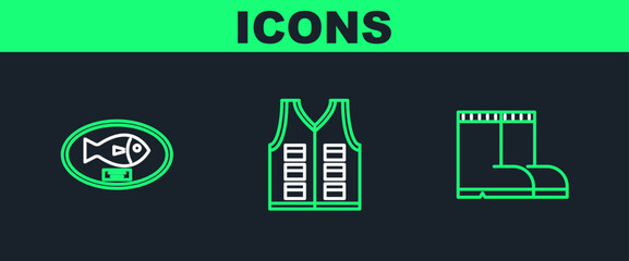 Set line Fishing boots, trophy hanging on the board and jacket icon. Vector