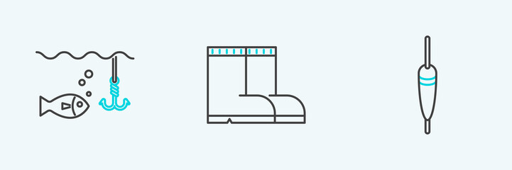 Set line Fishing float, hook under water with fish and boots icon. Vector