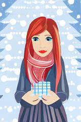 Woman with red long hair, scarf and grey pleated skirt has a Christmas present in her hands. Her hands are in arm warmers. She is standing in front of a Christmas tree. Vector in low poly style.  - obrazy, fototapety, plakaty