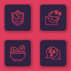 Set line Bodybuilder muscle, Salad in bowl, Time to sleep and Sleepy. Blue square button. Vector