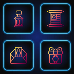 Set line Gift box, Donate or pay your zakat, Ramadan Kareem lantern and Holy book of Koran. Gradient color icons. Vector