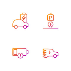 Set line Electric car, Low battery, and Charging parking electric. Gradient color icons. Vector
