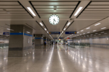 Clock at subway station. Large clock face public transport on a train station platform. Analog clock in public metro subway station or metro train platform.