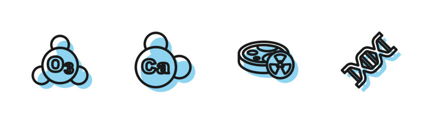 Set line Test tube with toxic liquid, Ozone, Mineral Ca Calcium and DNA symbol icon. Vector