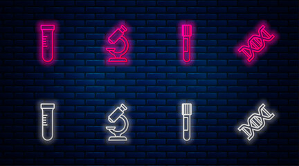 Set line Microscope, Test tube, and DNA symbol. Glowing neon icon on brick wall. Vector