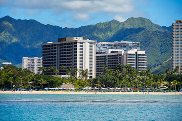 Fort DeRussy Beach Park seen from a boat off Honolulu in Hawaii - Modern american city on a...