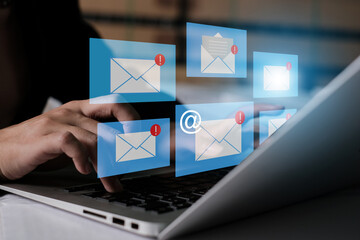  email marketing concept, company sending many e-mails or digital newsletter to customers. Mail Communication Connection message to mailing contacts phone Global Letters Concept