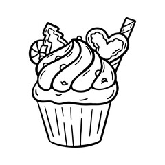 Vector christmas doodle cupcake with cream hand drawn design. Sweet new year dessert with cookies isolated on white background. For print, coloring, logo