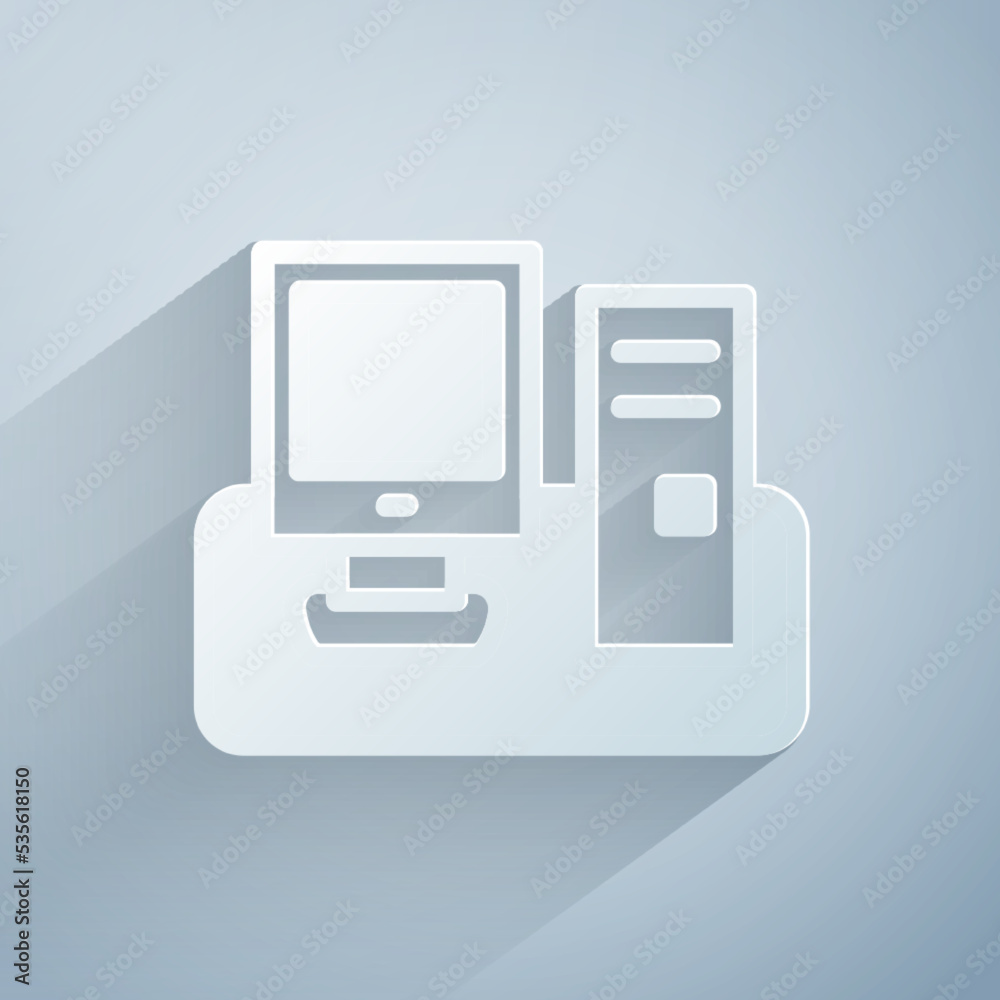 Poster paper cut computer monitor with keyboard and mouse icon isolated on grey background. pc component si
