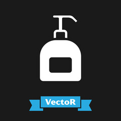 White Bottle of liquid antibacterial soap with dispenser icon isolated on black background. Antiseptic. Disinfection, hygiene, skin care. Vector