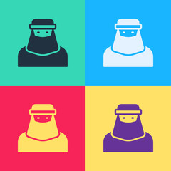Pop art Muslim woman in niqab icon isolated on color background. Vector