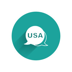 White USA Independence day icon isolated with long shadow background. 4th of July. United States of America country. Green circle button. Vector