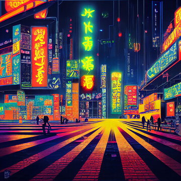 Neon Signboard Night City Street, Futuristic, Colorful