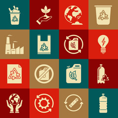 Set Plastic bottle, Recycling plastic, Light bulb with lightning symbol, Earth globe and plant, bag recycle, Factory, Recycle bin and Bio fuel canister icon. Vector