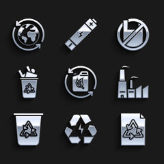 Set Bio fuel canister, Battery with recycle symbol, Paper, Factory, Recycle bin, Say no plastic bags poster and Planet earth and recycling icon. Vector